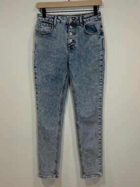 🌟 BA&SH 🌟 LADY RHINESTONE BUTTON HIGH RISE SLIM LEG STRETCH JEANS LIGHT WASH 0
